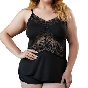 Black Spaghetti Straps Lace Insert Pajamas Set